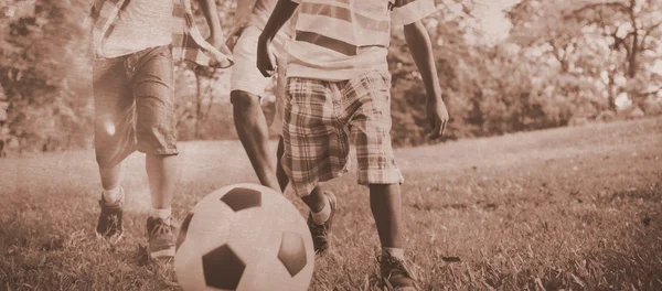 Pai e filhos jogando futebol — Fotografia de Stock