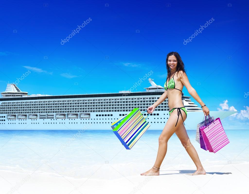 Woman in Bikini with Shopping Bags Concept