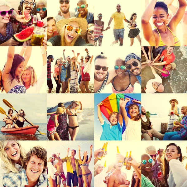 年轻多样的快乐的人在海滩上 — 图库照片