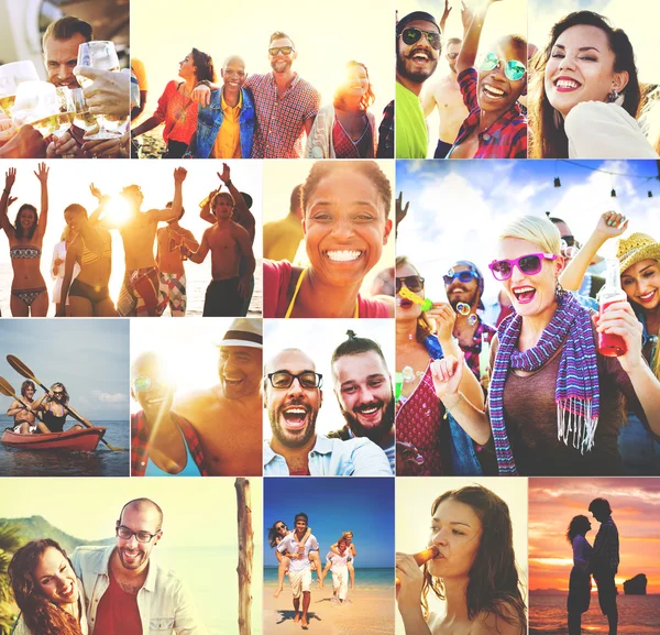 Jonge divers gelukkige mensen op het strand — Stockfoto