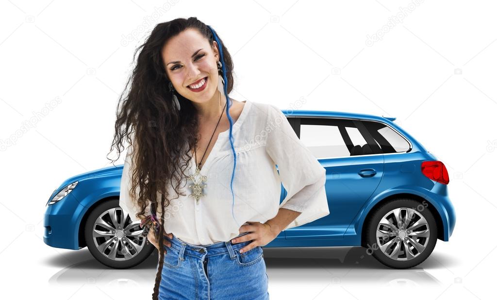 woman standing smilling with car behind her