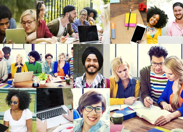 Diversiteit studenten met behulp van digitale apparaten — Stockfoto