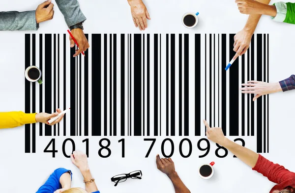 People meeting bar code reader concept — Stock Photo, Image