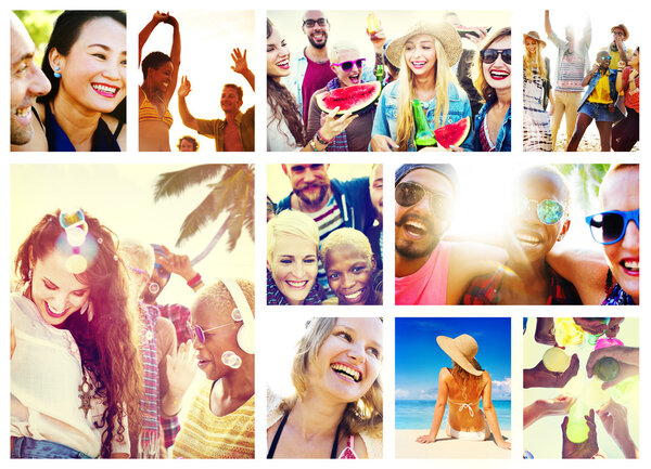 young diverse happy people on the beach