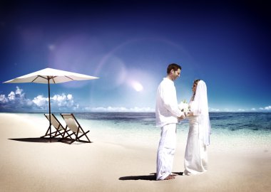 Çift evlilik düğün Beach parti romantik kavramı