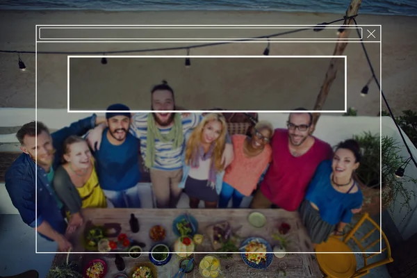 Cheerful friends hanging out on the beach party — Stock Photo, Image