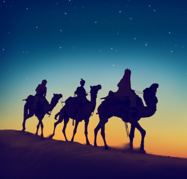 Men riding camels through desert   clipart
