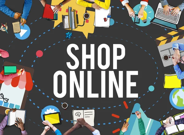 Shop Online işaret eden iş adamları — Stok fotoğraf