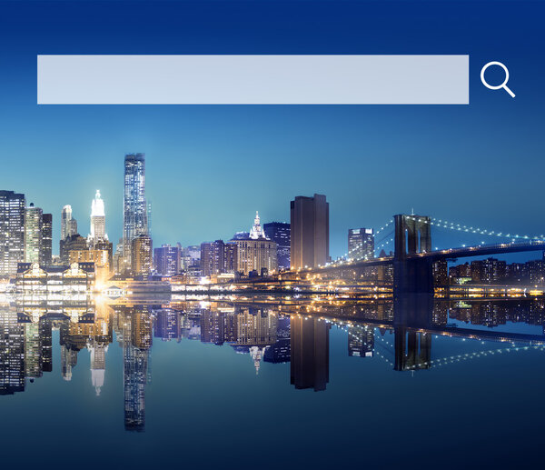 Panoramic view of city and Search Box, Web Online Technology, Internet Website Concept