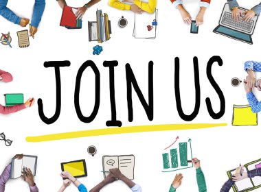 Üzerinde işaret eden iş adamları bize katılın