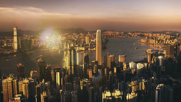 CityScape Buildings in hong kong, Victoria Harbour and sunset