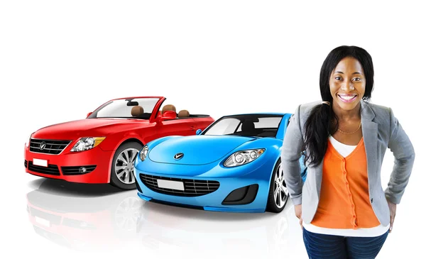 Woman with Cars behind — Stock Photo, Image