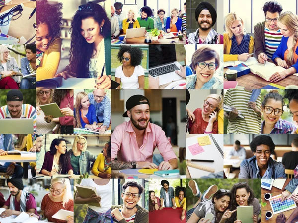 Diversiteit studenten met behulp van digitale apparaten — Stockfoto