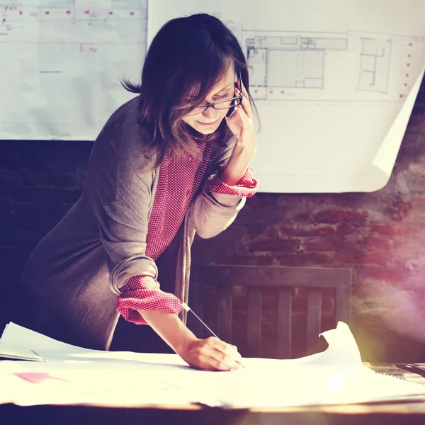Architect Woman Working with Blueprints — Stock Photo, Image