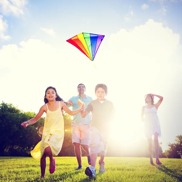 Οικογένεια παίζει kite σε εξωτερικούς χώρους — Φωτογραφία Αρχείου