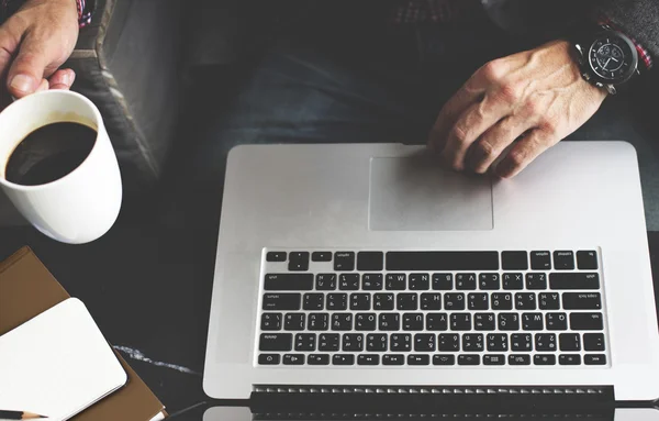 Man Computer Laptop Coffee Cafe Concept — Stock Photo, Image