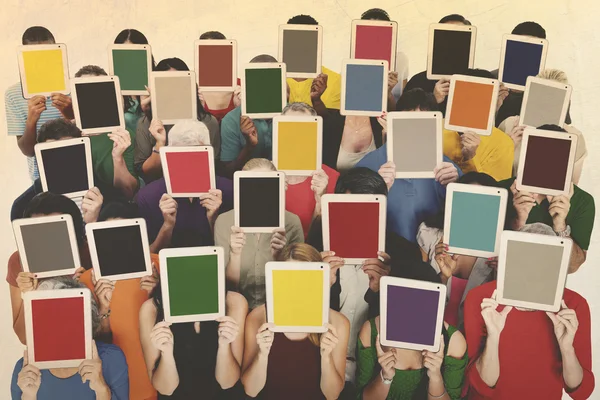 Diversity People Covering Faces by Digital Tablets — Stock Photo, Image