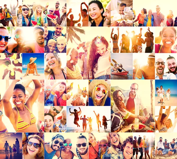 Collage olika ansikten på sommaren Beach — Stockfoto