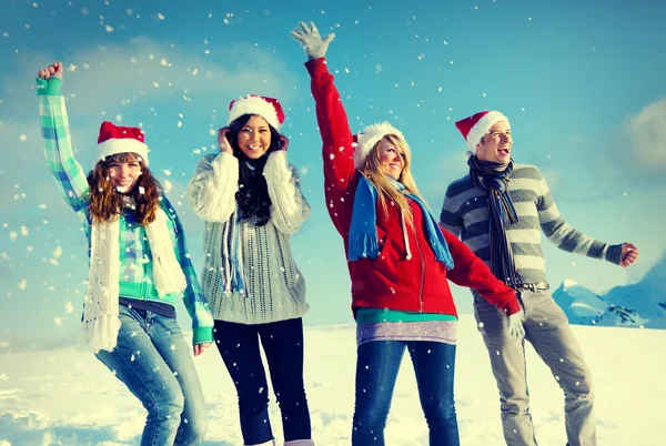 Amigos se divertindo na neve — Fotografia de Stock