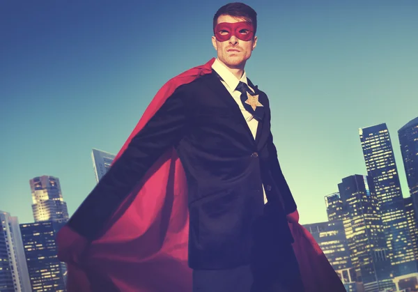 Superhero Businessman in modern city — Stock fotografie