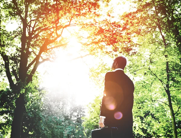 Businessman standing in green forest — Stock Photo, Image