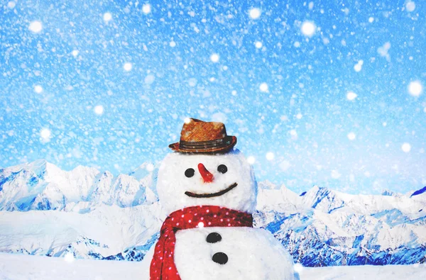 Real Snowman near christmas tree — Stockfoto