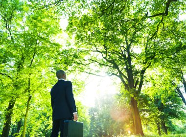 Yeşil ormanda ayakta işadamı