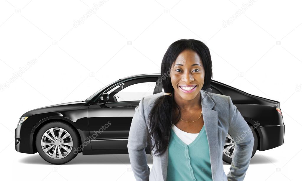 woman  in the front of new car