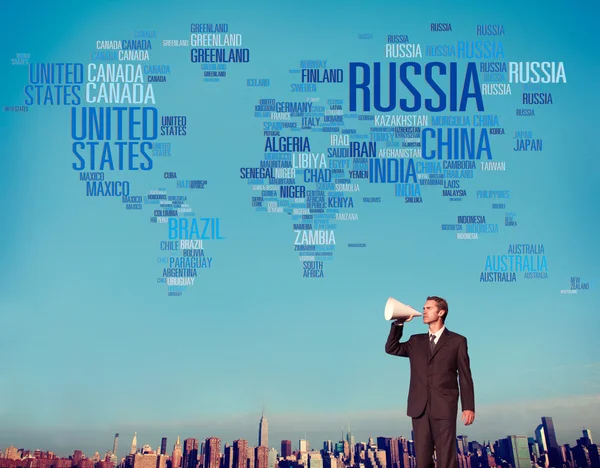 Businessman Megaphone Standing Cityscape Russia Global World International Countries Globalization — Stockfoto