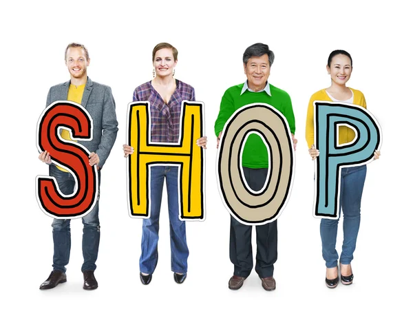People Holding Text Shop — Stock Photo, Image