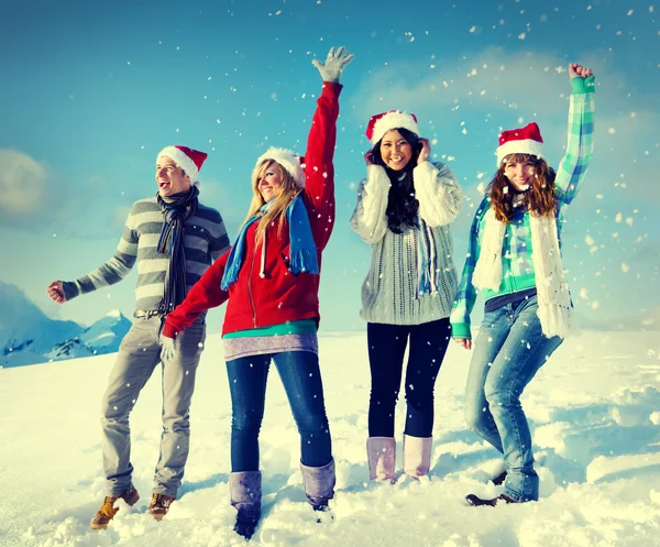 Amigos divirtiéndose en la nieve — Foto de Stock