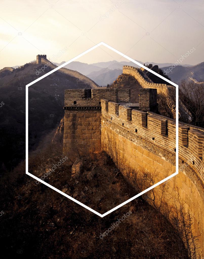 Great wall of China with Hexagon Icon Frame, Symbol Copy Space Concept