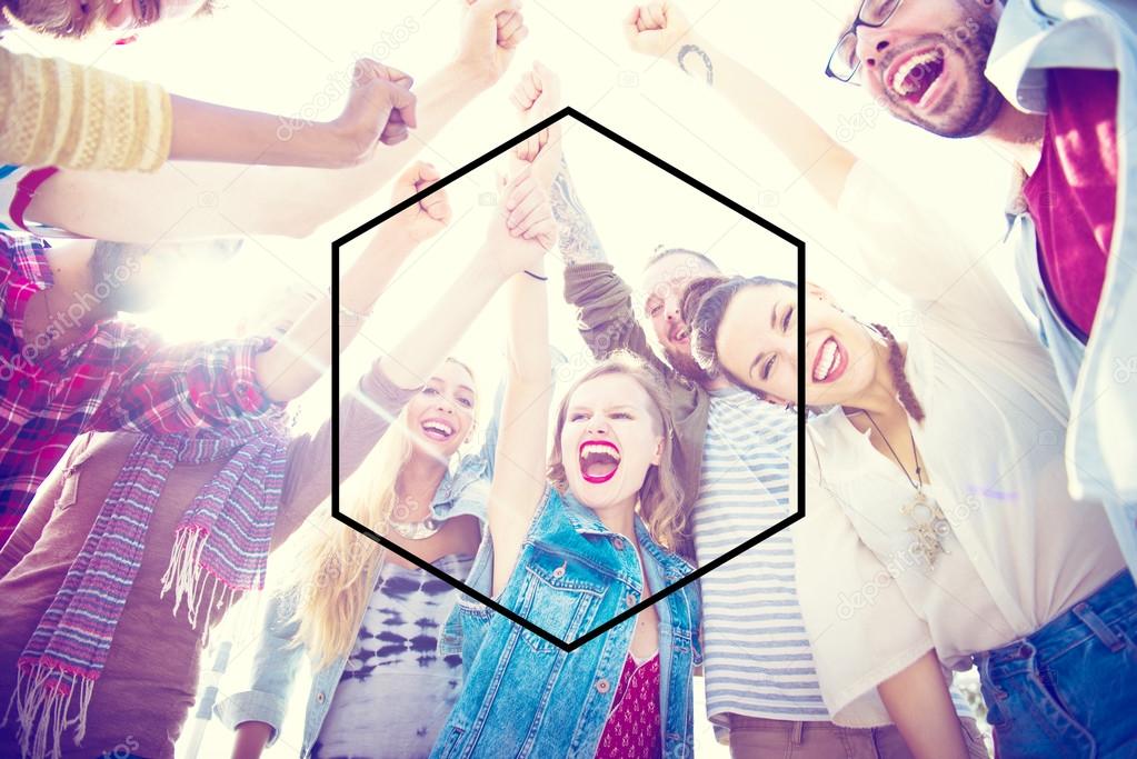 Group of people and Hexagon Icon Frame Symbol Copy Space Concept