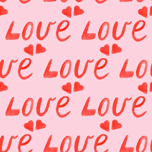 Naadloze patroon met aquarel hand tekenen woord "Love" en harten. — Stockvector