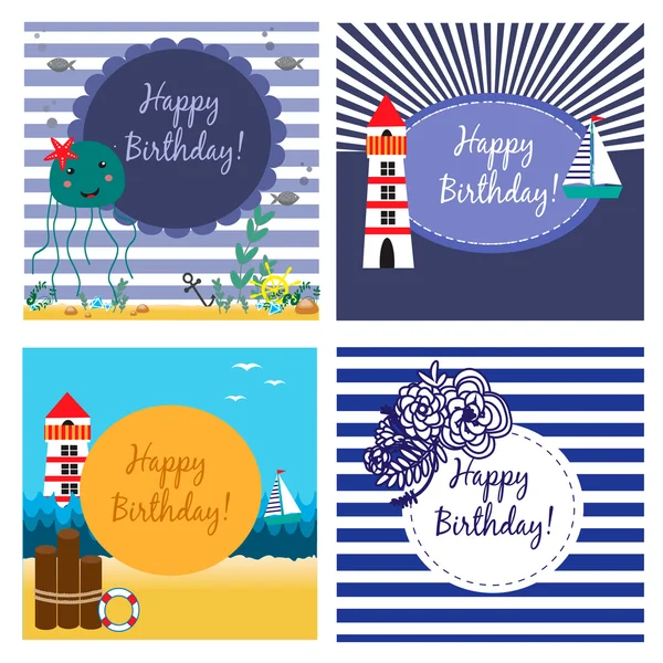 Colección con tarjetas de cumpleaños en estilo marino — Vector de stock