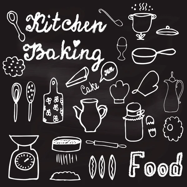 Illustration avec des ustensiles de cuisine dessinés à la main et des aliments sur le tableau — Image vectorielle