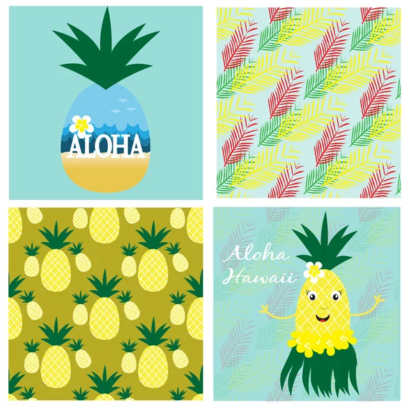 Hawaiian collection with seamless patterns and cards — Stock Vector