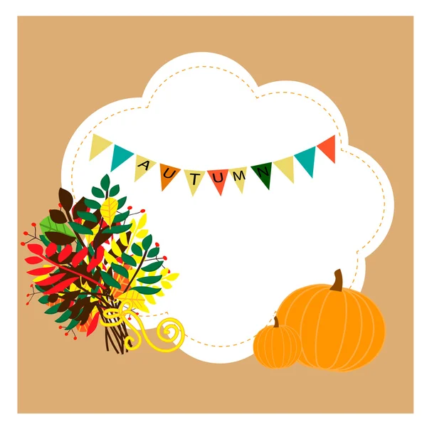 Illustration avec couronne d'automne avec feuilles, citrouilles et fanions — Image vectorielle