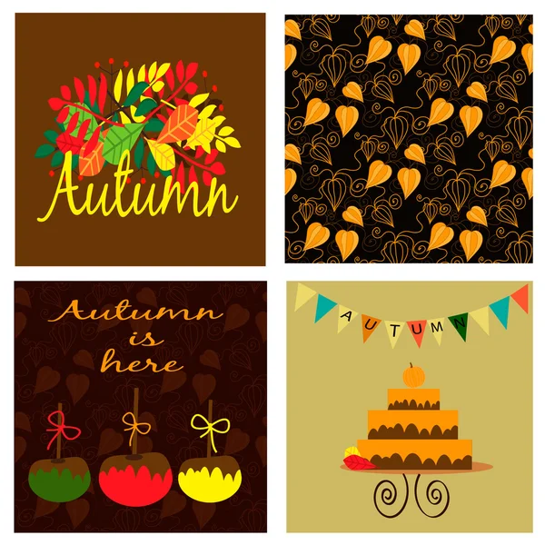Collection d'automne avec un motif sans couture avec physalis et trois cartes . — Image vectorielle