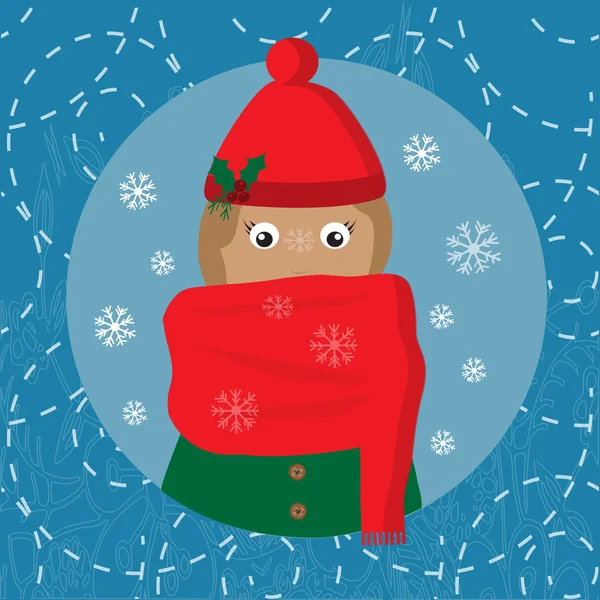 Vinter illustration med frysta söt flicka i en halsduk och mössa. — Stock vektor