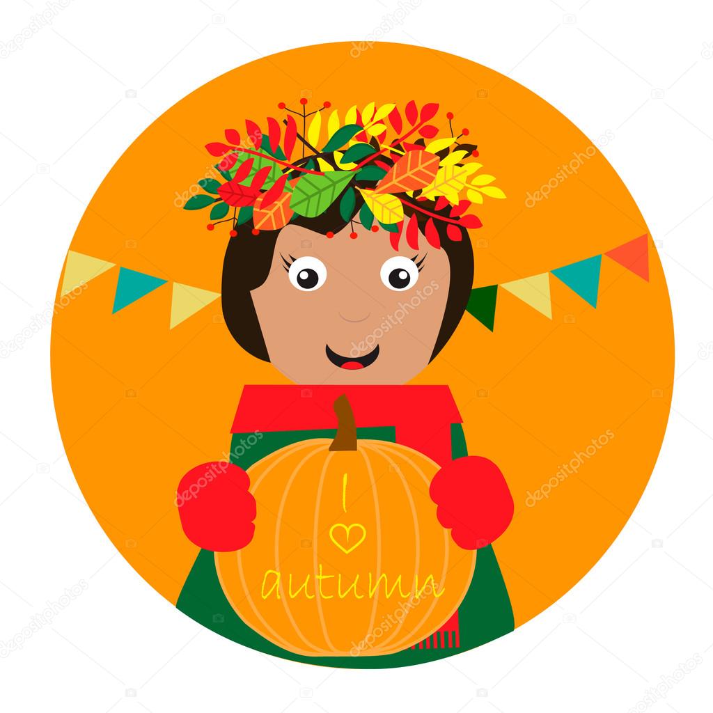 頭と手でカボチャに花輪を捧げるとかわいい女の子と秋のイラスト ストックベクター C Zulfiska 123867002