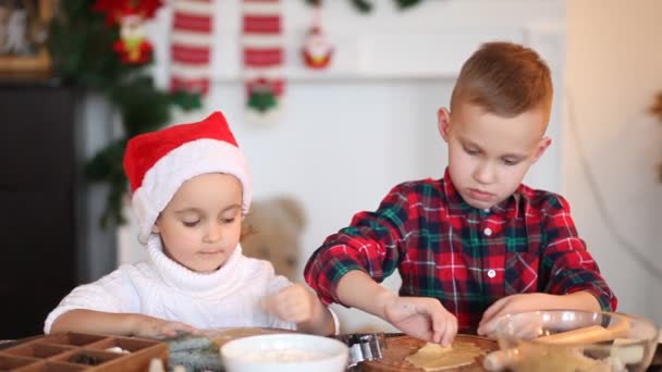 Niños Una Gorra Santa Hornear Galletas Navidad Casa — Vídeos de Stock