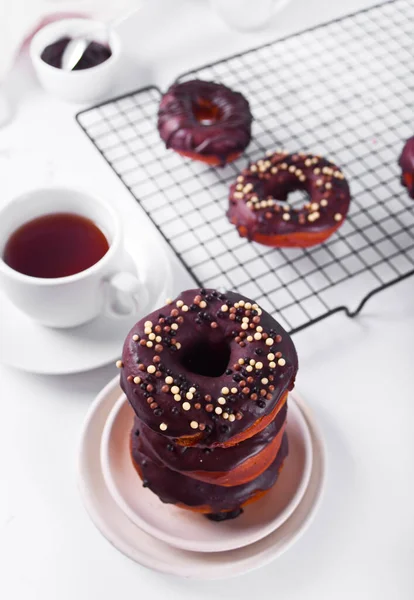 Doughnut Glazed Chocolate Cream Icing Cup Coffee Breakfast Concept — Stock Photo, Image