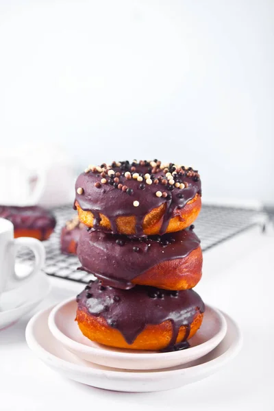 Doughnut Glazed Chocolate Cream Icing Cup Coffee Breakfast Concept — Stock Photo, Image