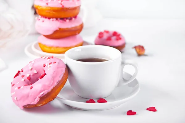 Cup Coffee Pink Doughnuts White Background Valentine Day Concept — Stock Photo, Image