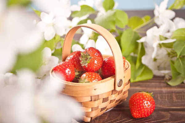 Frische reife Erdbeeren in einem winzigen Korb — Stockfoto