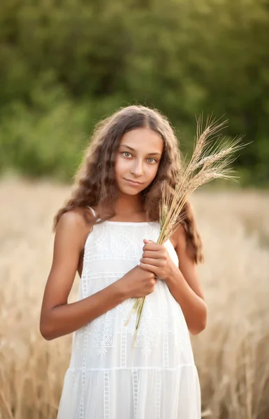Buğday tarlasında bir yaz günü genç kız — Stok fotoğraf