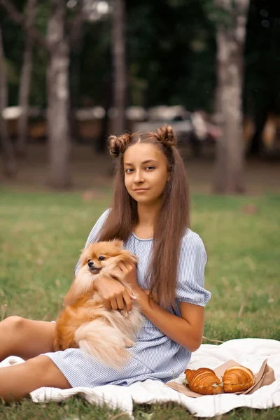 Teen Mädchen mit Haustier kleiner Hund auf einem Picknick im Freien — Stockfoto