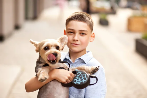 Teenager Junge Kind mit Haustier Tier kleiner Hund hält in einer Hand im Freien in einem Park — Stockfoto