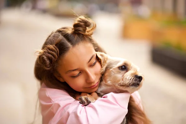 Teenage Girl Hugging Little Pet Dog Park Outdoor — Stock Photo, Image